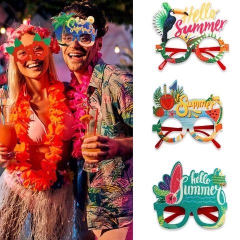 Occhiali da Festa Hawaiani Tema Estivo Tropicale Ananas Albero di Cocco Fenicottero Puntelli Foto Plastica Feltro Glitter