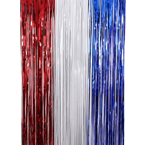 Patriotic Red White Blue Tinsel Fringe Curtain For Independence Day Party Decorations Metallic Foil Photo Booth Backdrop