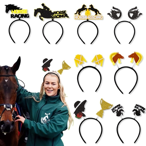 Horse Racing Theme Party Headband Novelty Horse Silhouette Horseshoe Trophy Glitter Hairband Sports Event Cheering Photo Props Headpiece Decoration
