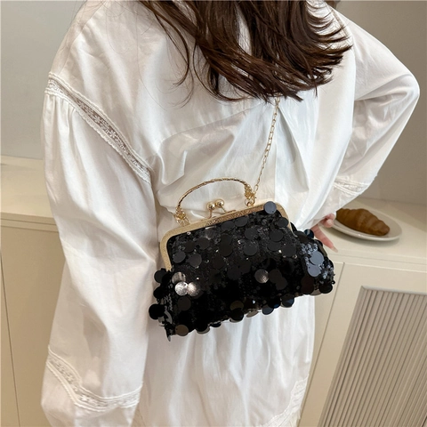 Borsa da Sera Vintage con Paillettes Donna Elegante Tracolla con Chiusura in Metallo e Catena Oro per Festa Matrimonio Banchetto