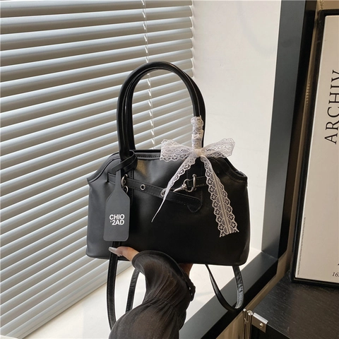 Women Casual PU Leather Square Top-Handle Bag With Lace Bow Sweet Lady Crossbody Bag Small Underarm Handbag Daily Commuter Bag