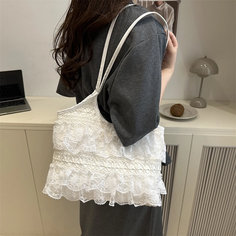 Women White Lace Layered Pleated Tote Bag Large Capacity Casual Simple Shoulder Bag For Summer Daily Vacation Accessory