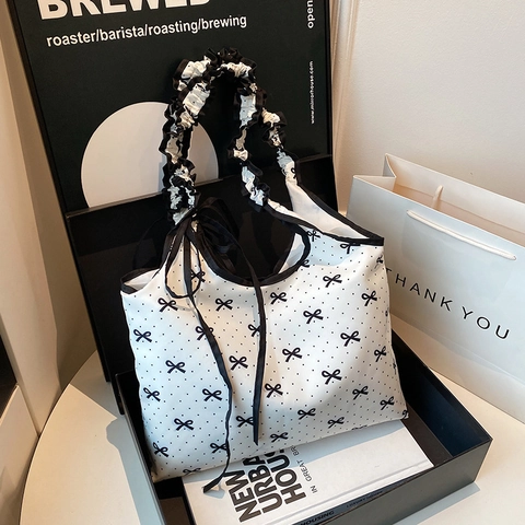 Women Fashion Large Capacity Tote Bag Polka Dot Bow Knot Printed Ruffle Shoulder Strap Sweet Elegant Handbag For Daily Work Shopping