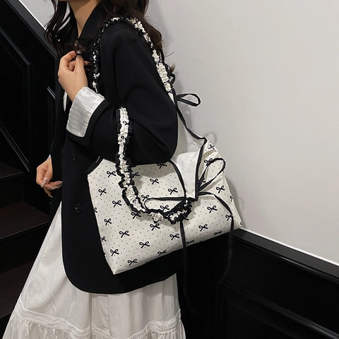 Women Fashion Large Capacity Tote Bag Polka Dot Bow Knot Printed Ruffle Shoulder Strap Sweet Elegant Handbag For Daily Work Shopping