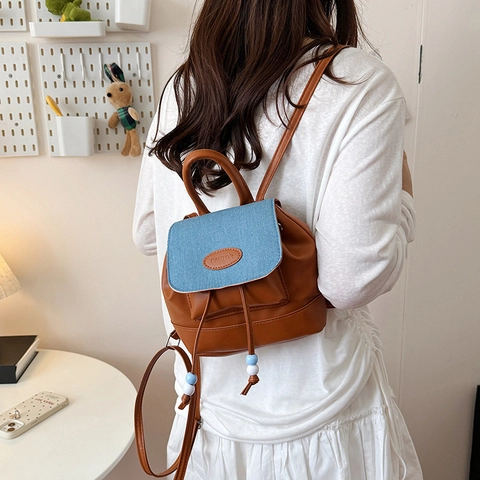 Mochila Mini de Moda para Mujer Informal Street Trend de Cuero PU Mochila Pequeña con Cordón y Cierre de Solapa para Diario
