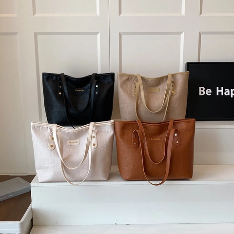 Bolso Tote de Cuero PU Grabado de Gran Capacidad para Mujer Patrón de Letras Elegante Cierre de Cremallera Bolso de Hombro Casual para Oficina