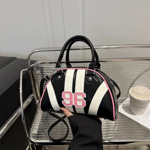 Borsa a Mano da Donna Sportiva Retro Americana in Pelle PU Colore a Contrasto a Righe Con Patchwork Numerico a Tracolla