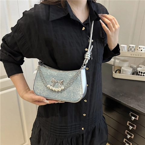 Bolso de Axila Elegante para Mujer Con Lazo de Mariposa Cadena de Perlas Correa de Hombro Anudada Moda PU Bolso Cuadrado Pequeño Bolso Diario