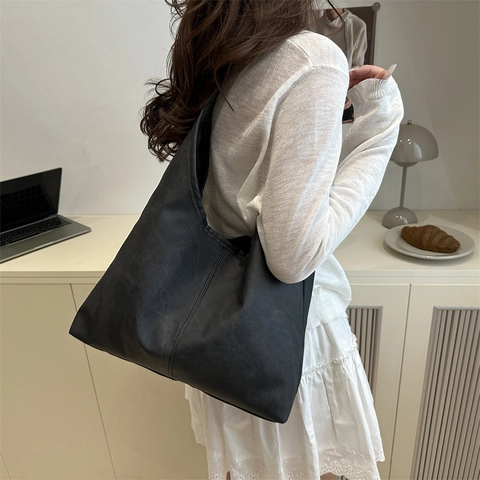 Bolso Tote de Cuero PU de Gran Capacidad para Mujer Vintage Frosted Hobo Bolso de Hombro Minimalista Color Sólido Casual