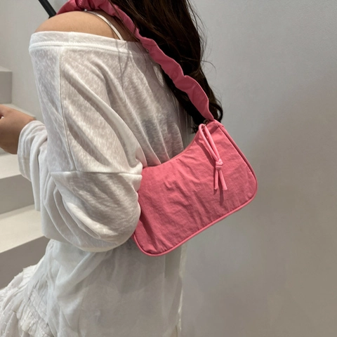 Women Minimalist Small Square Shoulder Bag With Trendy Ruffle Strap Bow Details Lightweight Fabric Underarm Bag Casual Daily Style