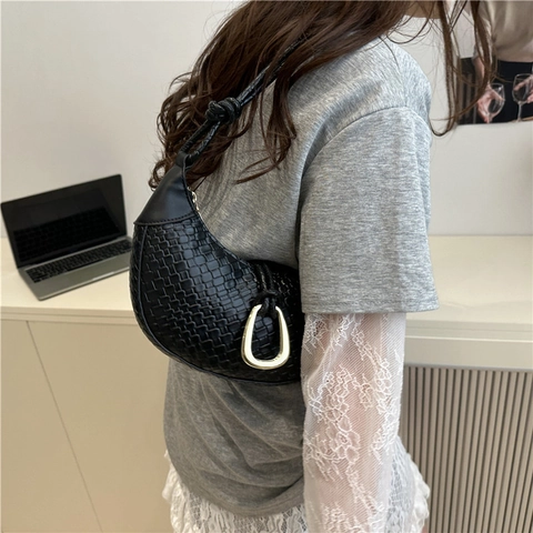 Damen Minimalistische Hobo Umhängetasche PU Geflochtene Krokodil Textur Gold Hardware Knoten Gurt Unterarm Tasche Freizeit