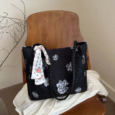 Women's Floral Print Canvas Tote Bag With Braided Rope Handle And Decorative Satin Scarf Casual Commuter Shoulder Bag