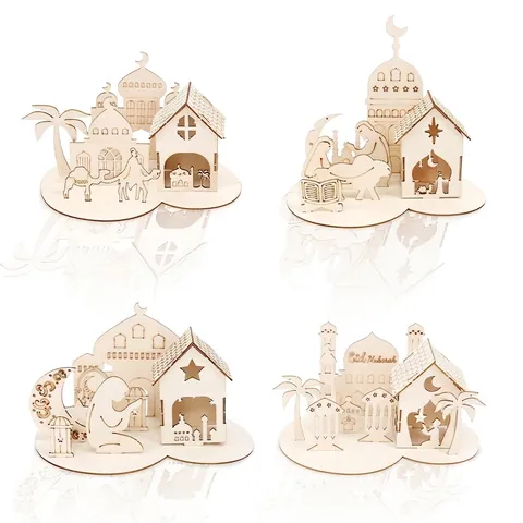 Eid Mubarak DIY Wooden Ornament 3D Laser Cut Mosque Ramadan Kareem Desktop Decoration Islamic Festive Puzzle Wood Craft