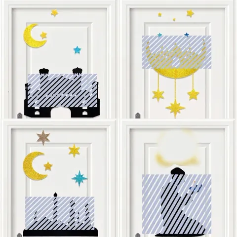 Ramadan Eid Mubarak Wall Stickers Glitter Non Woven Mosque Moon Star Castle DIY Decoration For Home Window Festival Party