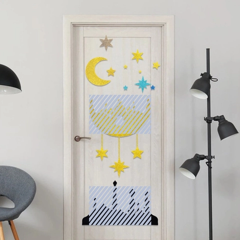 Ramadan Eid Mubarak Wall Stickers Glitter Non Woven Mosque Moon Star Castle DIY Decoration For Home Window Festival Party
