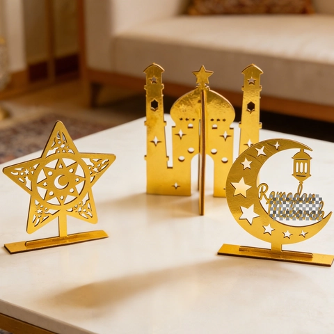 Goldene Ramadan Mubarak Tischdekoration Lasergeschnittenes Hohles Mond Stern Moschee Schloss Holzornament Für Eid Festival Heim Party Deko