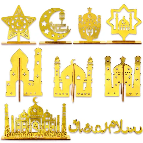 Goldene Ramadan Mubarak Tischdekoration Lasergeschnittenes Hohles Mond Stern Moschee Schloss Holzornament Für Eid Festival Heim Party Deko