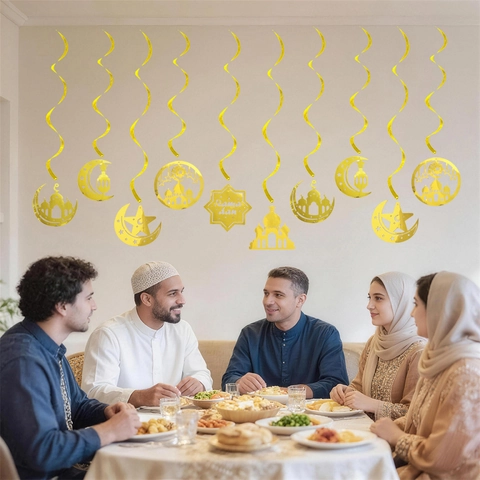 Gold Ramadan Eid Mubarak Spiral Hanging Decorations Moon Star Mosque Castle Ceiling Ornaments For Home Festival Party Decor