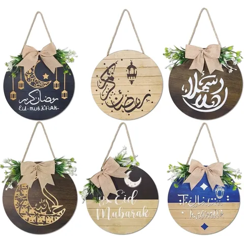 Targa Appesa in Legno Eid Mubarak Ramadan Rotonda Luna Stella Lanterna Placca per Porta Con Fiocco in Juta Verde Artificiale Casa