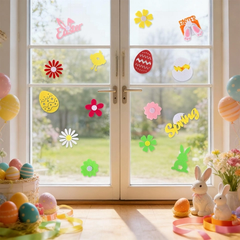 Easter Felt Wall Stickers Non-woven DIY Bunny Chick Egg Flower Decals For Home Party Festival Decoration Kids Gift