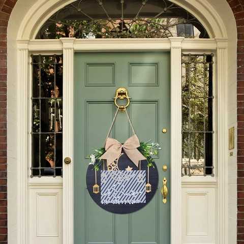 Targa Appesa in Legno Eid Mubarak Ramadan Rotonda Luna Stella Lanterna Placca per Porta Con Fiocco in Juta Verde Artificiale Casa