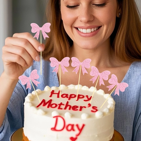 Décoration de Gâteau Fête des Mères Nœud Papier Pailleté Ruban Accessoires pour Dessert pour Fête Anniversaire Maison Cuisson