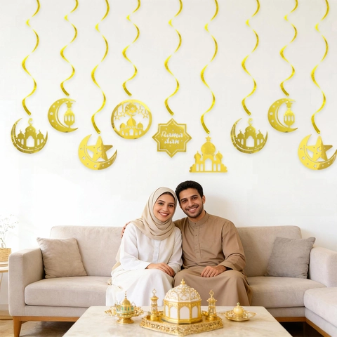 Decorazioni per Feste di Ramadan Eid Oro Luna Stella Moschea Spirali Appese per Celebrazioni in Casa Interni Decoro Soffitto Festivo