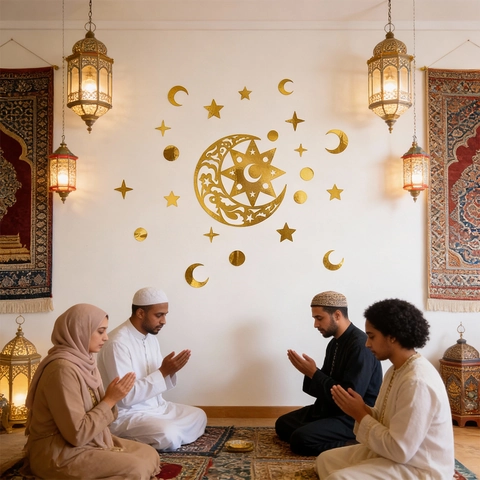 Set di Adesivi Murali Ramadan Mubarak Specchio Oro EVA Stelle Luna Lanterna Decorazione per Eid Festival Islamico Casa Festa