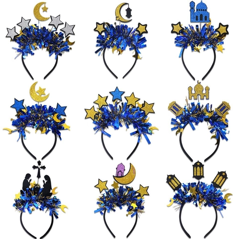 Blau Gold Zuckerfest Ramadan Stirnband Stern Mond Lametta Kopfschmuck Für Muslimische Festival Mittlerer Osten Party Deko Haarschmuck