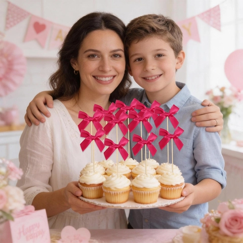 Handmade Polyester Bowknot Cake Toppers With Wood Sticks Glitter Ribbon Cupcake Picks For Mother Day Birthday Party Decor