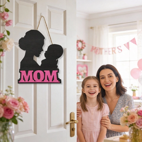 Targa Appesa in Legno Decorativa per la Festa della Mamma Fiocco Rosa Lettera MOM Silhouette Placca per Casa Parete Porta Ornamento Festivo