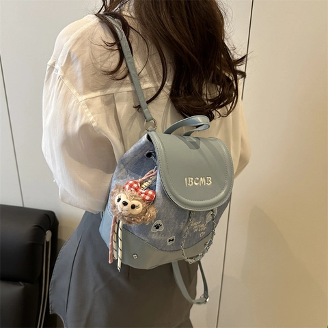 Fashion Casual Polyurethane Denim Patchwork Mini Backpack Embroidered Bear Letters Chain Decor Small Rucksack For Women Daily Matching