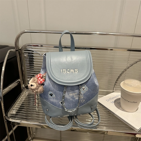 Fashion Denim PU Leather Patchwork Mini Backpack With Chain Embroidery Bear Pattern College Style Travel Bag For Women