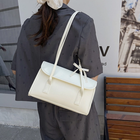 Französischer Ballettstil Schleife Baguette Tasche Damen PU Leder Schulter Achsel Tasche Einfache Unterarm Handtasche Einfarbig Elegant Mode