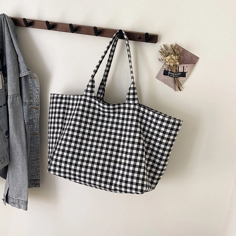 Cabas en Toile Décontracté Grande Capacité Sac Shopping Carreaux Noir et Blanc Sac à Main d'Epaule Minimaliste pour Femme