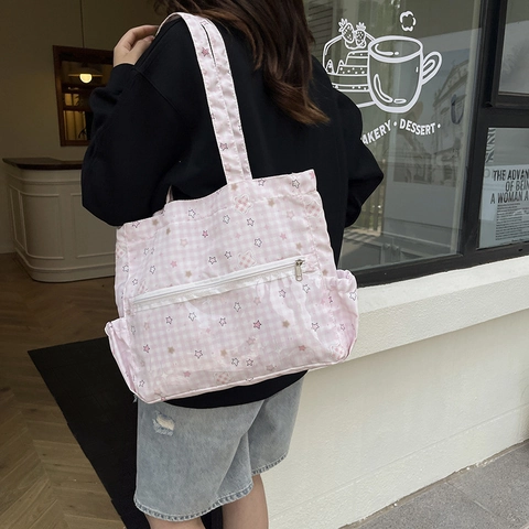 Borsa Tote in PU Stile Anime Giapponese con Stampa Orso Stella a Quadretti Grande Capacità Borsa a Tracolla Donna Casual