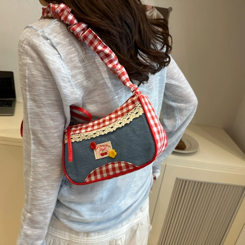 Bolso de Hombro de Patchwork de Denim de Estilo Japonés Vintage Bolso Bandolera Pequeño Cuadrado con Patrón de Cereza para Mujer Diario