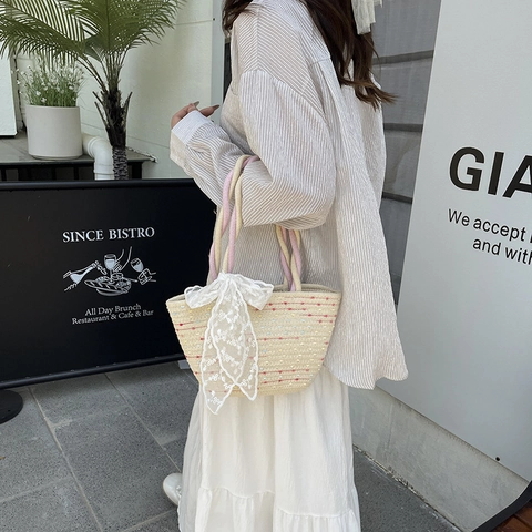 Sac à Main Tissé Femme Grande Capacité Avec Nœud en Dentelle Perle Artificielle Blanc Cassé Pois Colorés Sac à Bandoulière en Paille pour Vacances