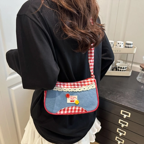 Women Sweet Cherry Denim Underarm Bag Vintage Gingham Patchwork Shoulder Bag With Lace Trim Kawaii Casual Handbag For Girls