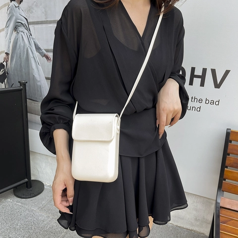 Minimalistische PU Leder Handytasche Damen Vertikale Einfarbige Umhängetasche Modische Schultertasche Mit Steppnaht Design