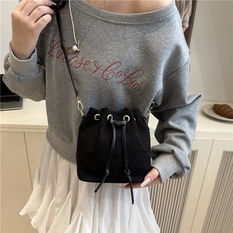 Women Faux Suede Bucket Bag Stylish Drawstring Shoulder Crossbody Bag Minimalist Solid Color Casual Fashion Handbag Daily