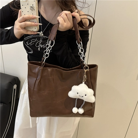 Dames Minimalistische PU Leren Tragetasche Geometrische Patchwork Schoudertas Met Kettingriem Grote Capaciteit Woon-werk Handtas Wolkenhanger