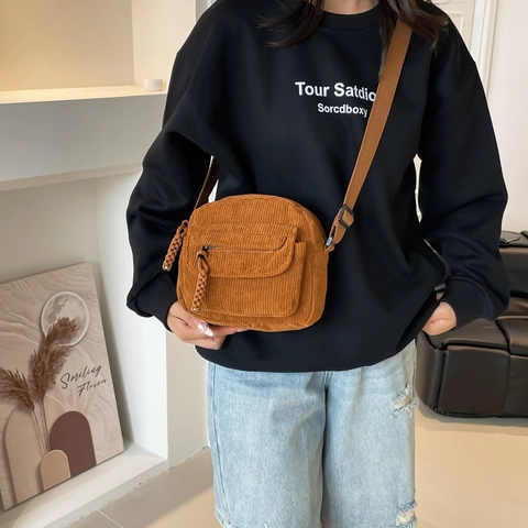 Vintage Corduroy Shoulder Bag For Women Fashion Small Square Crossbody Bag With Woven Zipper Pull Casual Daily Street Satchel