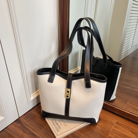 Women Fashion PU Leather Tote Bag Large Capacity Contrast Color Shoulder Bag With Gold Metal Buckle Office Commute Bag