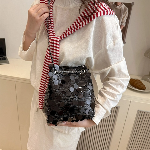 Borsa a Secchiello con Paillettes da Donna Moda Catena in Metallo Luccicante Borsa a Tracolla per Festa Matrimonio Sera Elegante Design di Nicchia