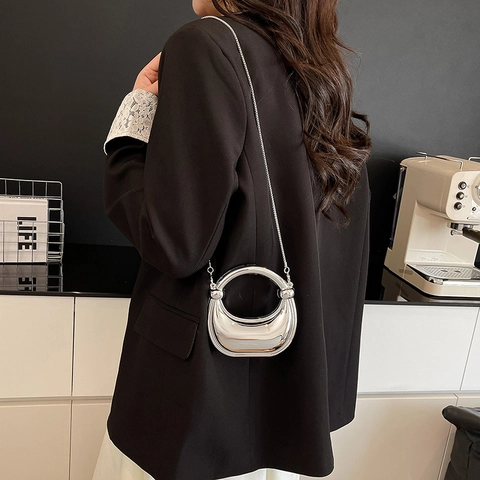 Women Minimalist Acrylic Mirror Metal Evening Bag Crescent Shape Box Handbag With Gold Chain Strap For Party Wedding