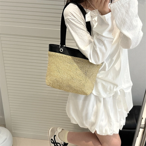 Women Fashion Straw Woven PU Leather Patchwork Shoulder Bag Casual Summer Vacation Large Capacity Tote Handbag For Lady