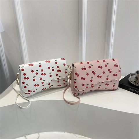 Sweet Cherry Print PU Leather Crossbody Bag For Women Cute Fruit Pattern Flap Shoulder Bag Fashion Small Square Purse