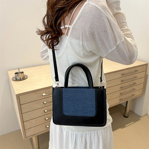 Damen Retro Patchwork PU Leder Leinwand Umhängetasche Kontrastfarbe Quadratische Umhängetasche Kleine Tote Handtasche Mit Verstellbarem Gurt