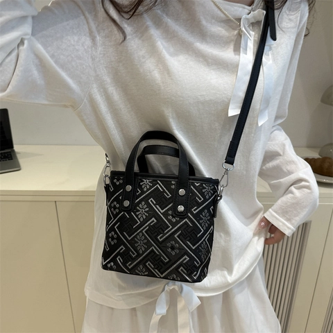 Mini Borsa Tote Vintage con Motivo Geometrico Jacquard Manico Superiore e Tracolla Borsa a Tracolla Retrò da Donna Moda